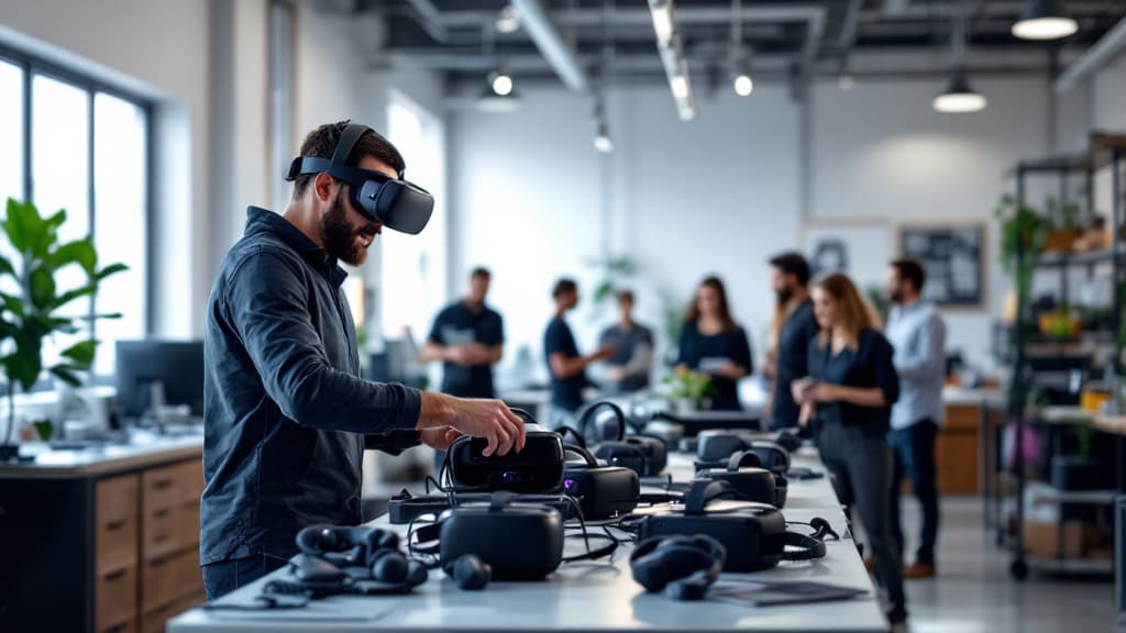 VR equipment workspace reinforcing the HoloFleet CRM brand